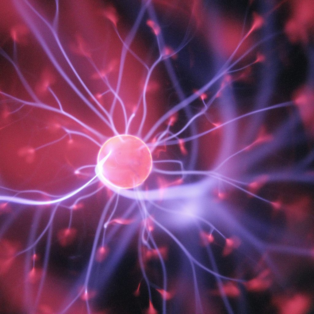 illustration of brain neurons in shades of pink, red and purple