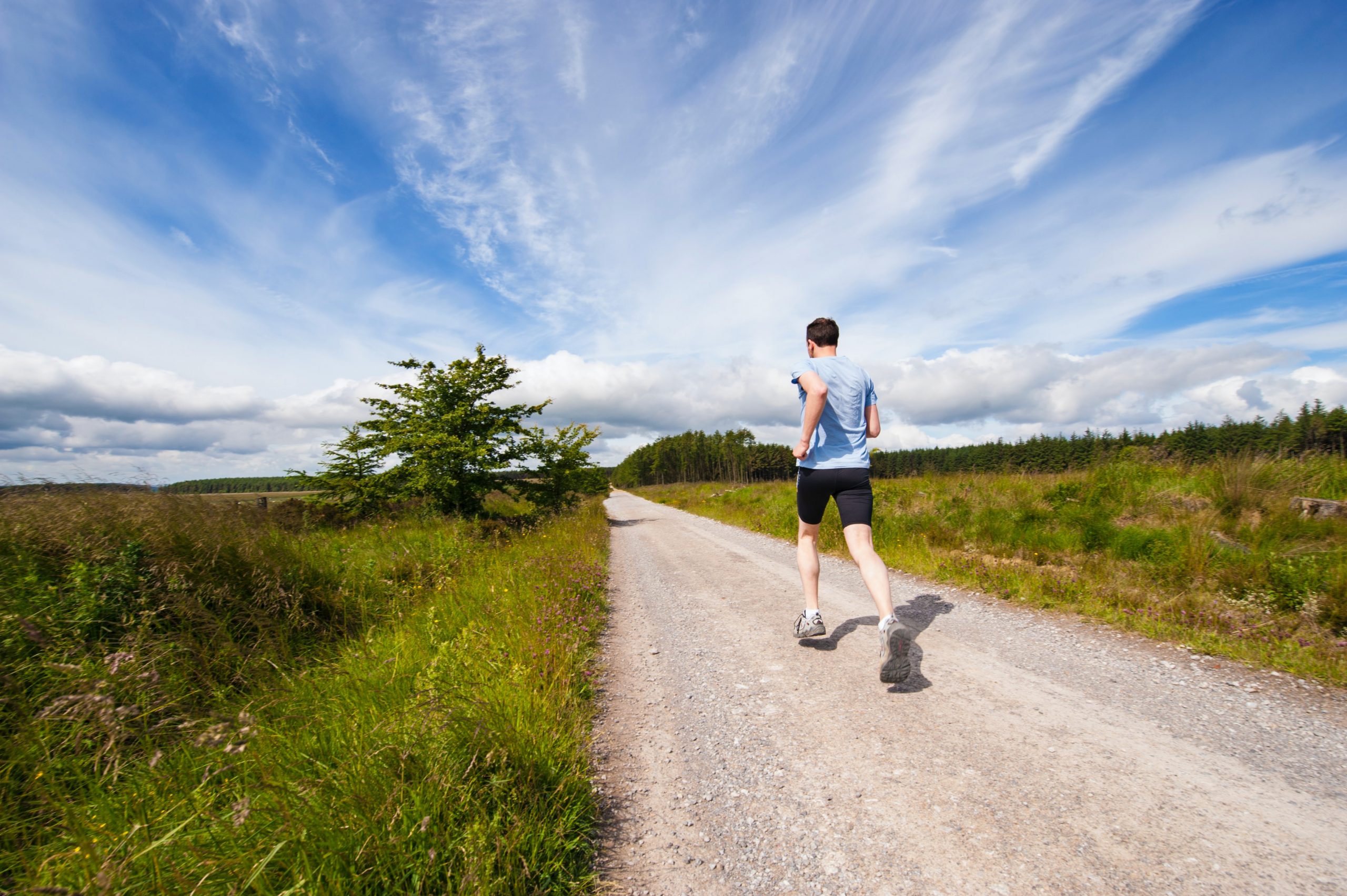 rear view of man running along rural road, blue sky and greenery